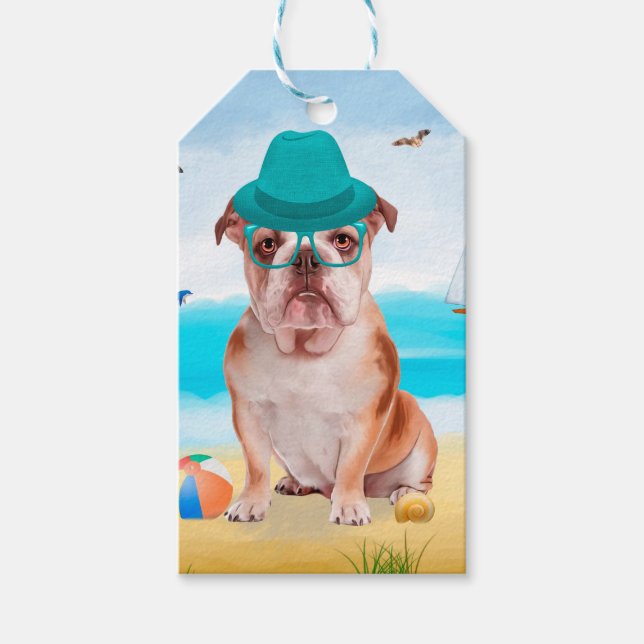 Engelsk bulldog på Beach Presentetikett (Framsidan)