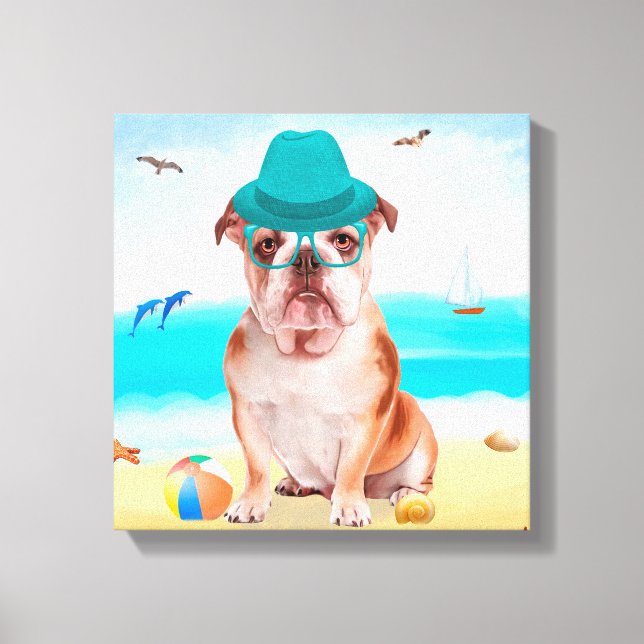 Engelsk Bulldog på Strand Canvastryck (Framsida)