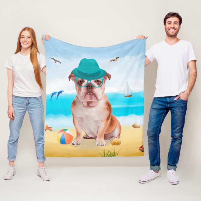 Engelsk Bulldog på Strand Fleecefilt (På plats)