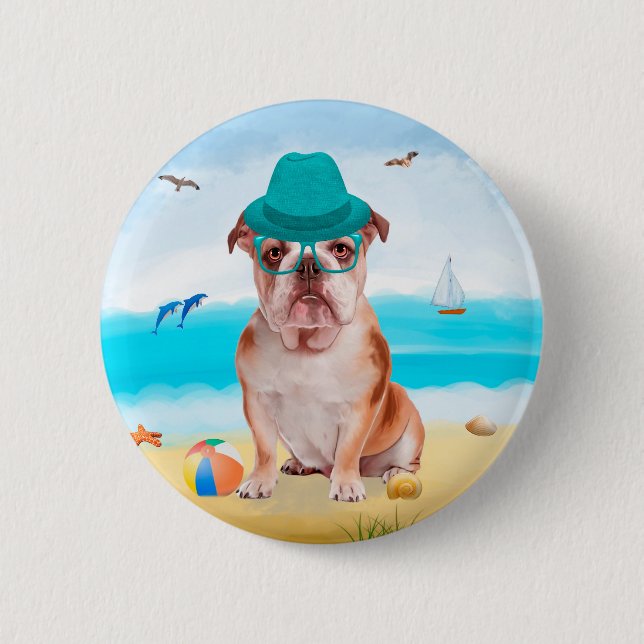 Engelsk Bulldog på Strand Knapp (Framsida)