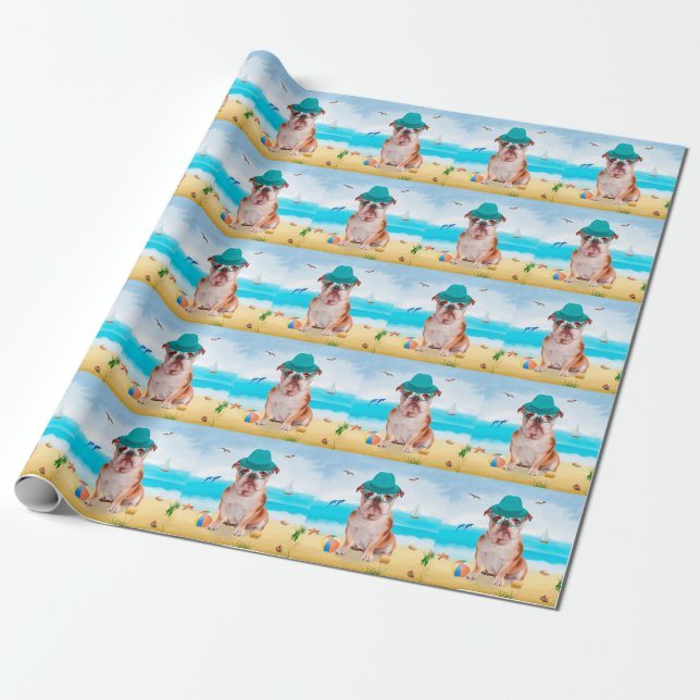 Engelsk Bulldog på Strand Presentpapper (Utrullad)