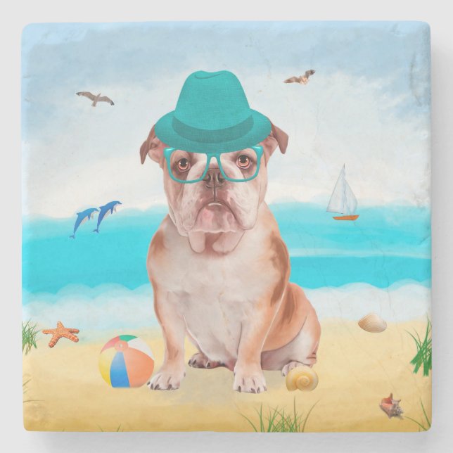 Engelsk Bulldog på Strand Stenunderlägg (Framsidan)