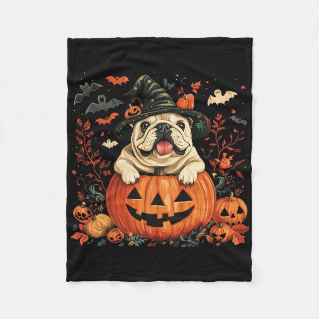Engelsk bulldog Pumpkin Halloween Thanksgiving Man Fleecefilt (Framsidan)