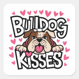 Engelsk Bulldog Puppy Hund Rosa Hjärtan Kyssar Kär Fyrkantigt Klistermärke