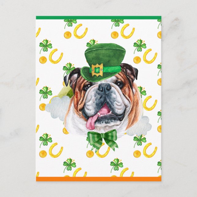 Engelsk Bulldog Shamrock St. Patricks Day Helg Vykort (Framsida)