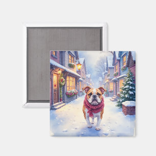 Engelsk Bulldog Snöig Julby Holiday Magnet