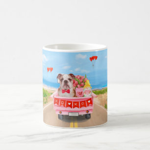 Engelsk Bulldog Valentine Dag Lastbil Hjärtan Kaffemugg