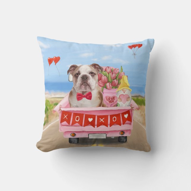 Engelsk Bulldog Valentine Dag Lastbil Hjärtan  Kudde (Framsida)