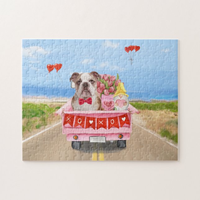 Engelsk Bulldog Valentine Dag Lastbil Hjärtan Pussel (Horisontell)