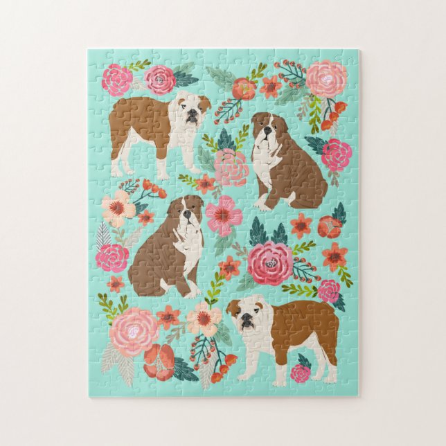 Engelsk Bulldog Vintage Blommigt Pussel (Vertikal)