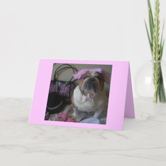 Engelsk bulldogg i rosa födelsedagkort kort (Framsida)