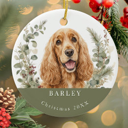 Engelsk Cocker Spaniel i guld Vattenfärg Jul Julgransprydnad Keramik