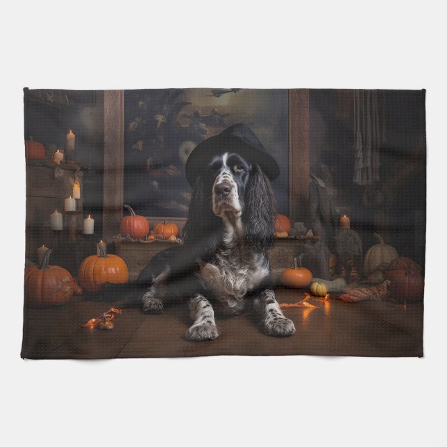 Engelsk Cocker Spaniel Pumpa Halloween Skräck  Kökshandduk (Horisontell)