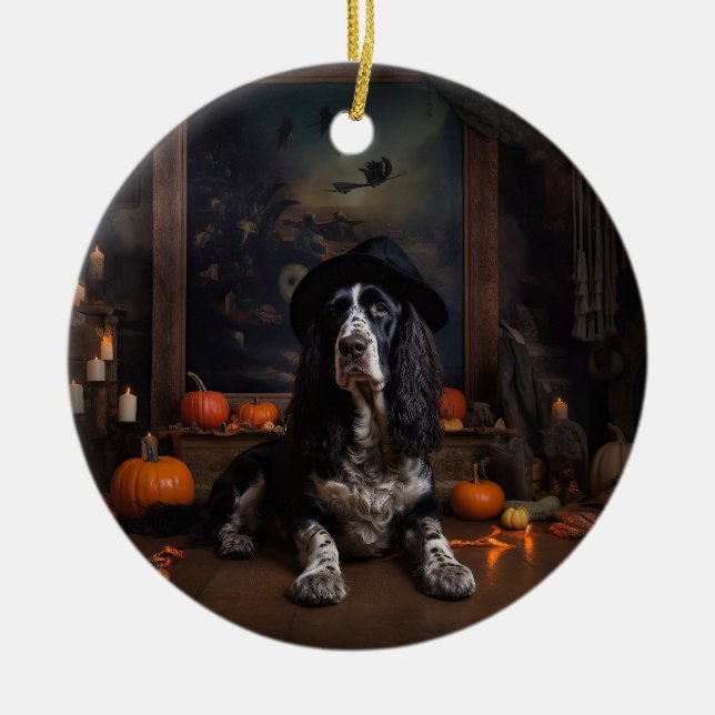 Engelsk Cocker Spaniel Pumpa Halloween Skräckinjag Julgransprydnad Keramik (Framsidan)