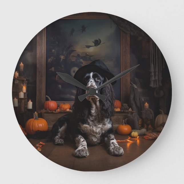 Engelsk Cocker Spaniel Pumpa Halloween Skräckinjag Stor Klocka (Framsida)