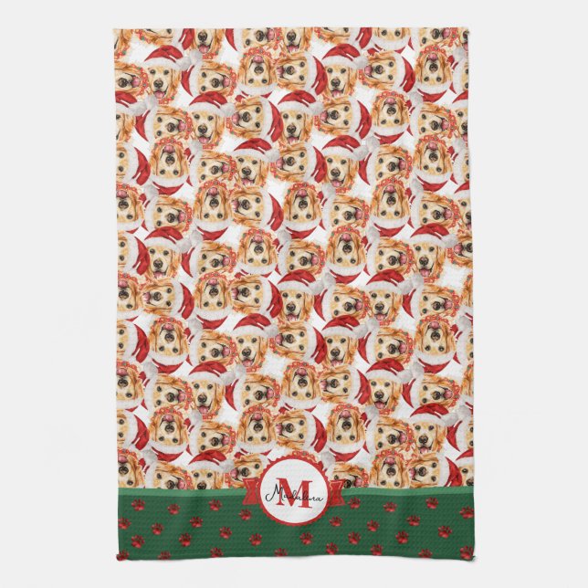 Engelsk Cream Golden Monogram Jul Hund Kökshandduk (Vertikal)