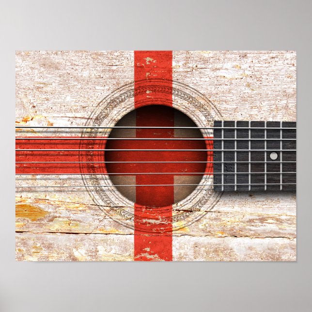 Engelsk Flagga om gammaldags akustiskt gitarr Poster (Framsidan)