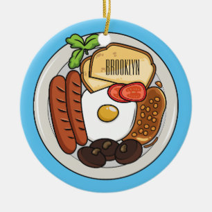 Engelsk frukost tecknad illustration julgransprydnad keramik