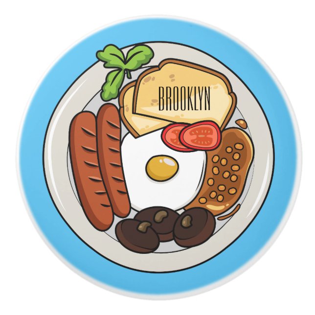 Engelsk frukost tecknad illustration knopp (Framsidan)