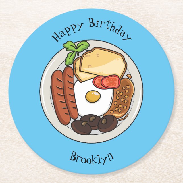 Engelsk frukost tecknad illustration underlägg papper rund (Framsidan)