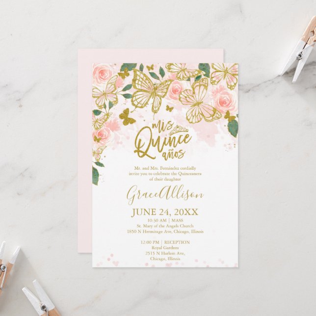 Engelsk ordalydelse för Quinceanera Butterfly-inbj Inbjudningar (Fram/Back In Situ)