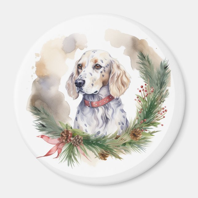 Engelsk setter God Jul-andedräkt Festive Valp Magnet (Framsidan)