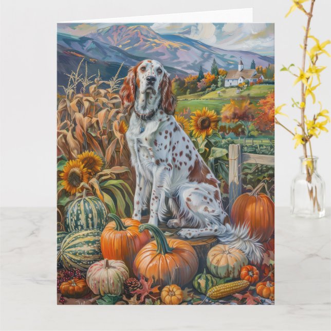 Engelsk Setter Hund Autumn Harvest Thanksgiving Kort (Gul blomma)