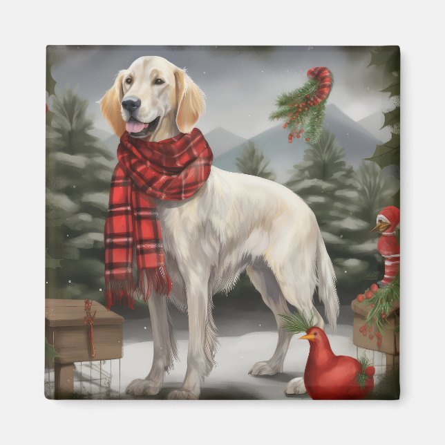 Engelsk Setter Hund i Snö Jul Magnet (Framsidan)