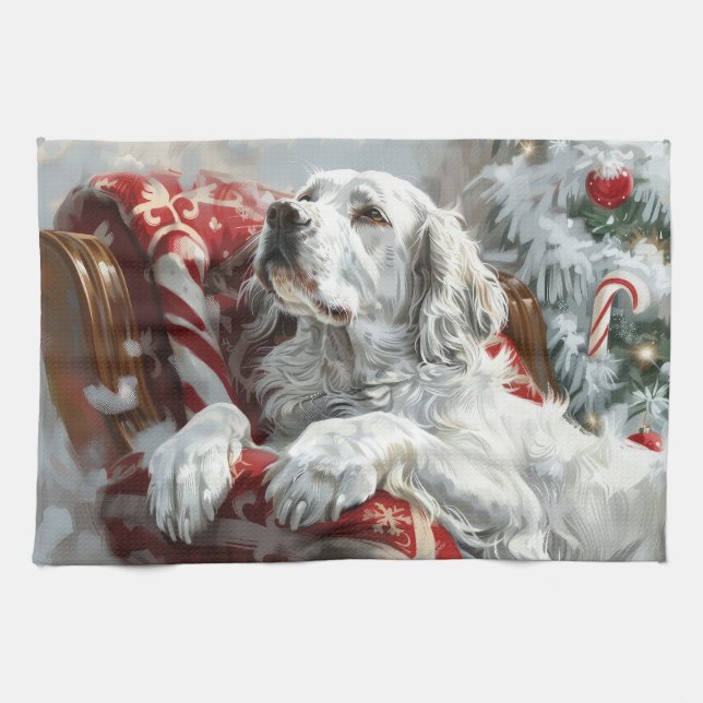 Engelsk Setter Hund Jul Festlig Kökshandduk (Horisontell)