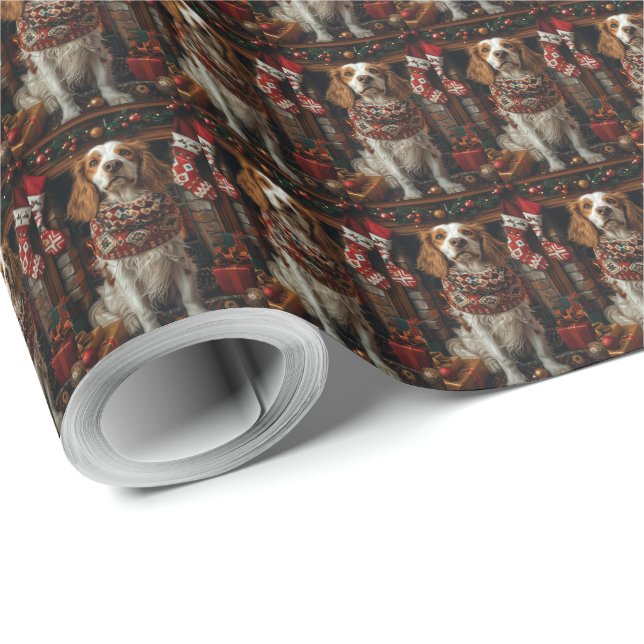 Engelsk Setter Hund Med Julpresenter Öppen Spis Presentpapper (Rulle Hörn)