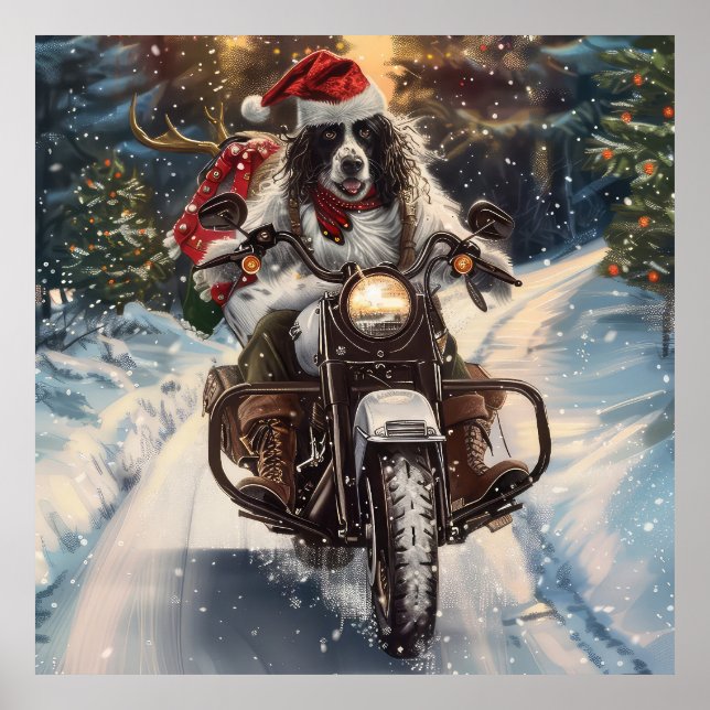 Engelsk Setter Hund Ridande Motorcykel Jul Poster (Framsidan)