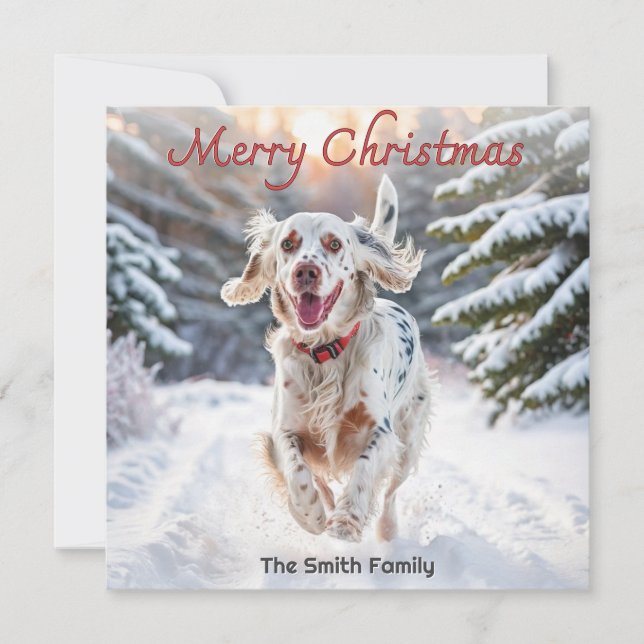 Engelsk Setter Hund Snö Akvarell God Jul Julkort (Framsida)
