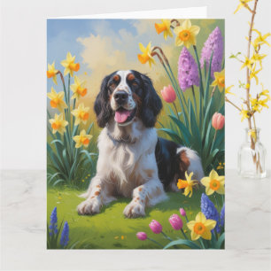 Engelsk Setter Hund Vårblommor Målning Kort