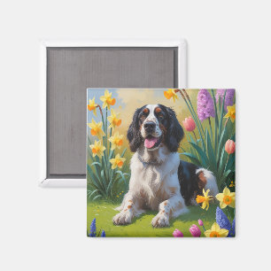 Engelsk Setter Hund Vårblommor Målning Magnet