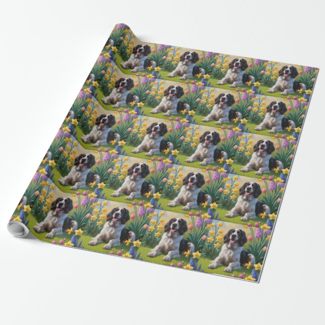 Engelsk Setter Hund Vårblommor Målning Presentpapper (Utrullad)