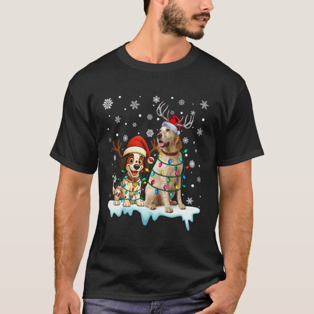Engelsk Setter Julbelysning Tomte Hatt Ren  T Shirt (Framsida)