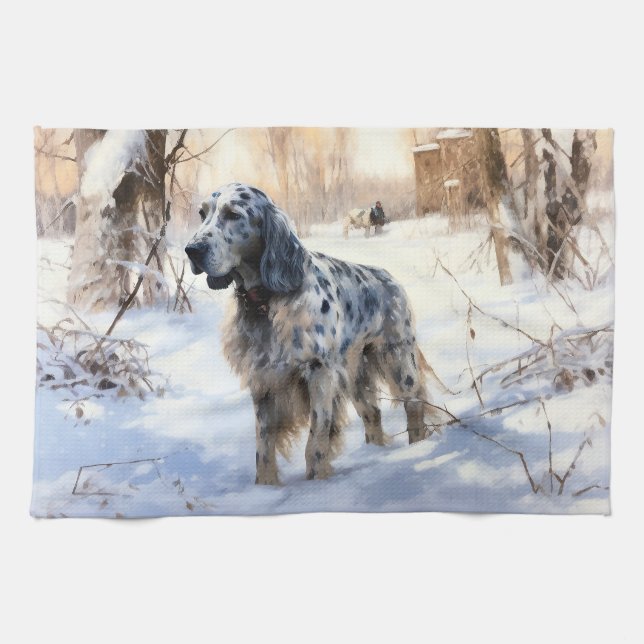 Engelsk Setter Låt det Snöa Jul Kökshandduk (Horisontell)