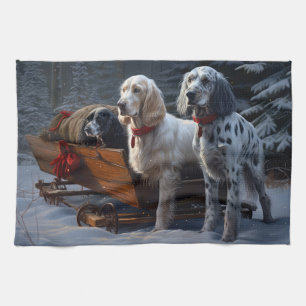 Engelsk Setter Snöig Släde Juldekoration Kökshandduk
