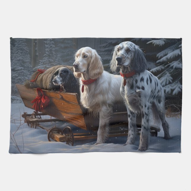 Engelsk Setter Snöig Släde Juldekoration  Kökshandduk (Horisontell)