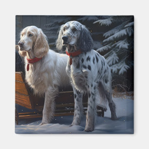 Engelsk Setter Snöig Släde Juldekoration Magnet