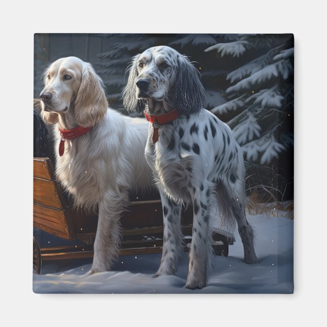 Engelsk Setter Snöig Släde Juldekoration  Magnet (Framsidan)