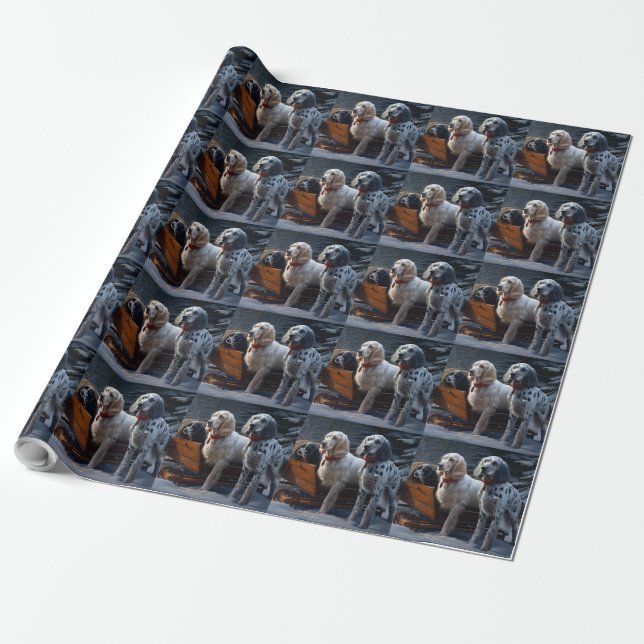 Engelsk Setter Snöig Släde Juldekoration  Presentpapper (Utrullad)