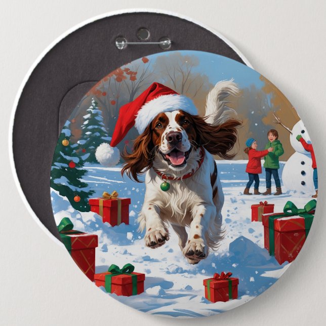 Engelsk Setter som springer i snö med julhatt Knapp (Framsida & baksida)
