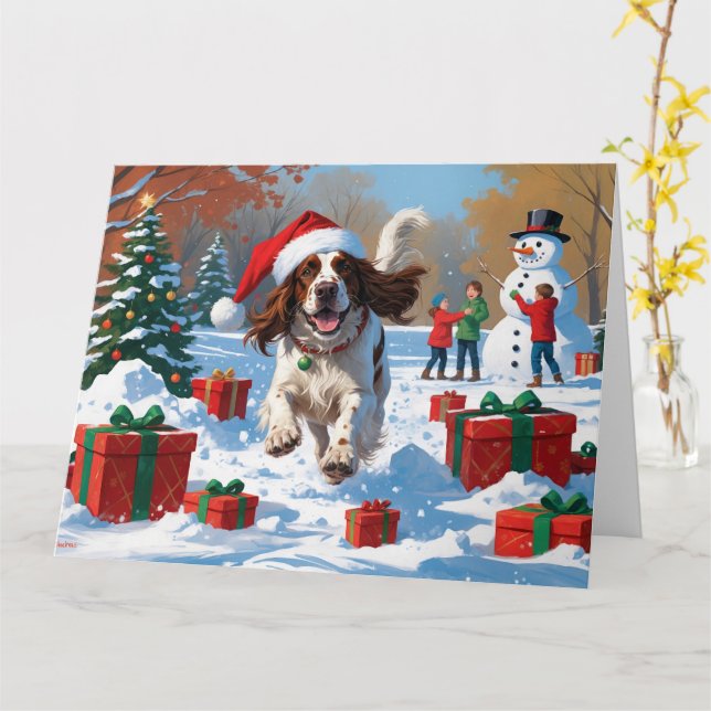Engelsk Setter som springer i snö med julhatt Kort (Gul blomma)