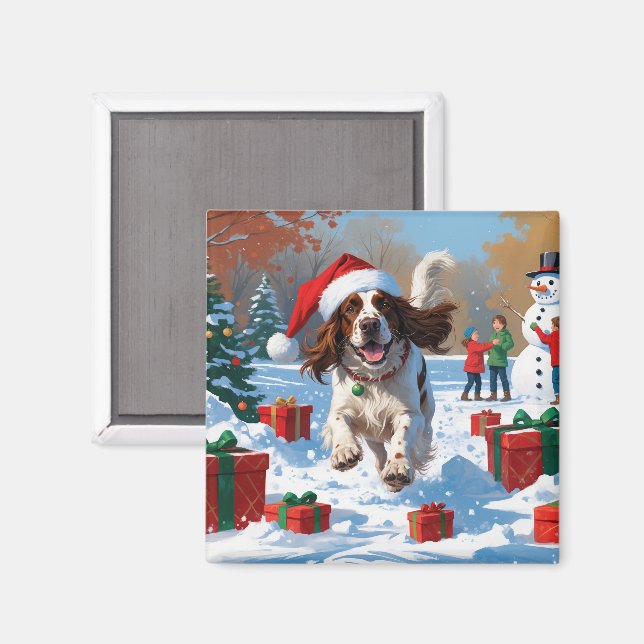 Engelsk Setter som springer i snö med julhatt Magnet (Front/Back)