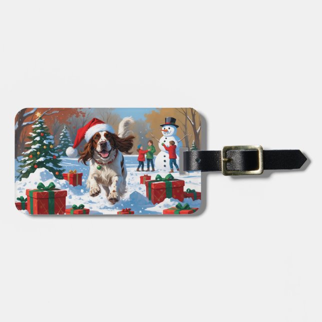 Engelsk Setter springer i snö med julhatt Bagagebricka (Horisontell Framsida)