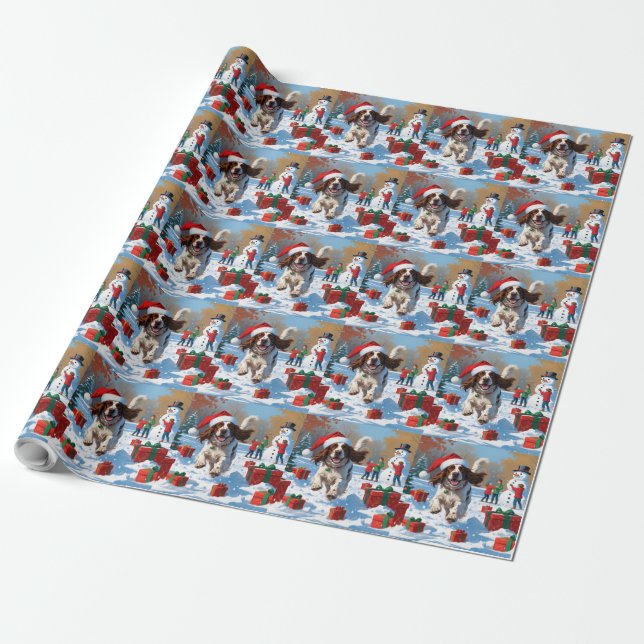 Engelsk Setter springer i snö med julhatt Presentpapper (Utrullad)