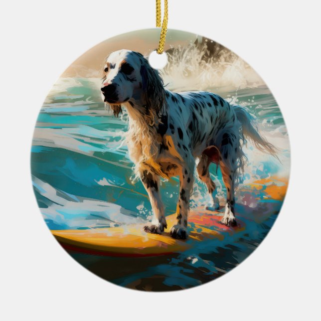 Engelsk Setter Strand Surfning Målning Julgransprydnad Keramik (Framsidan)
