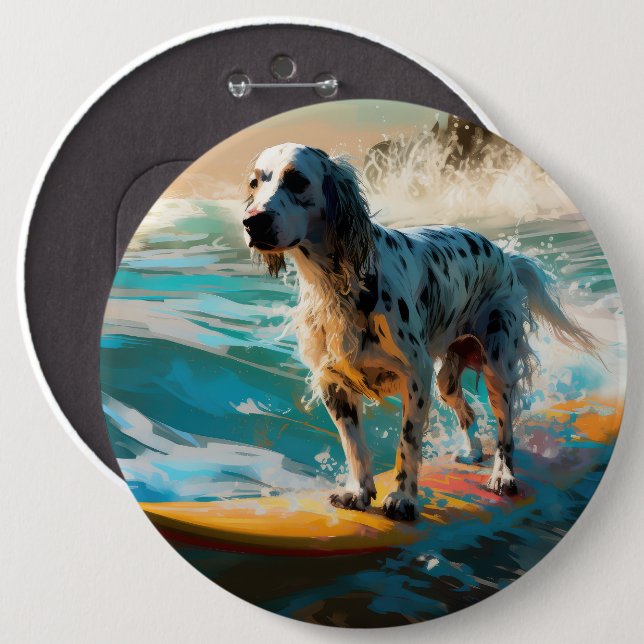 Engelsk Setter Strand Surfning Målning Knapp (Framsida & baksida)