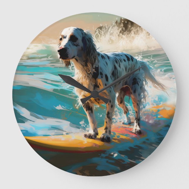 Engelsk Setter Strand Surfning Målning Stor Klocka (Framsida)